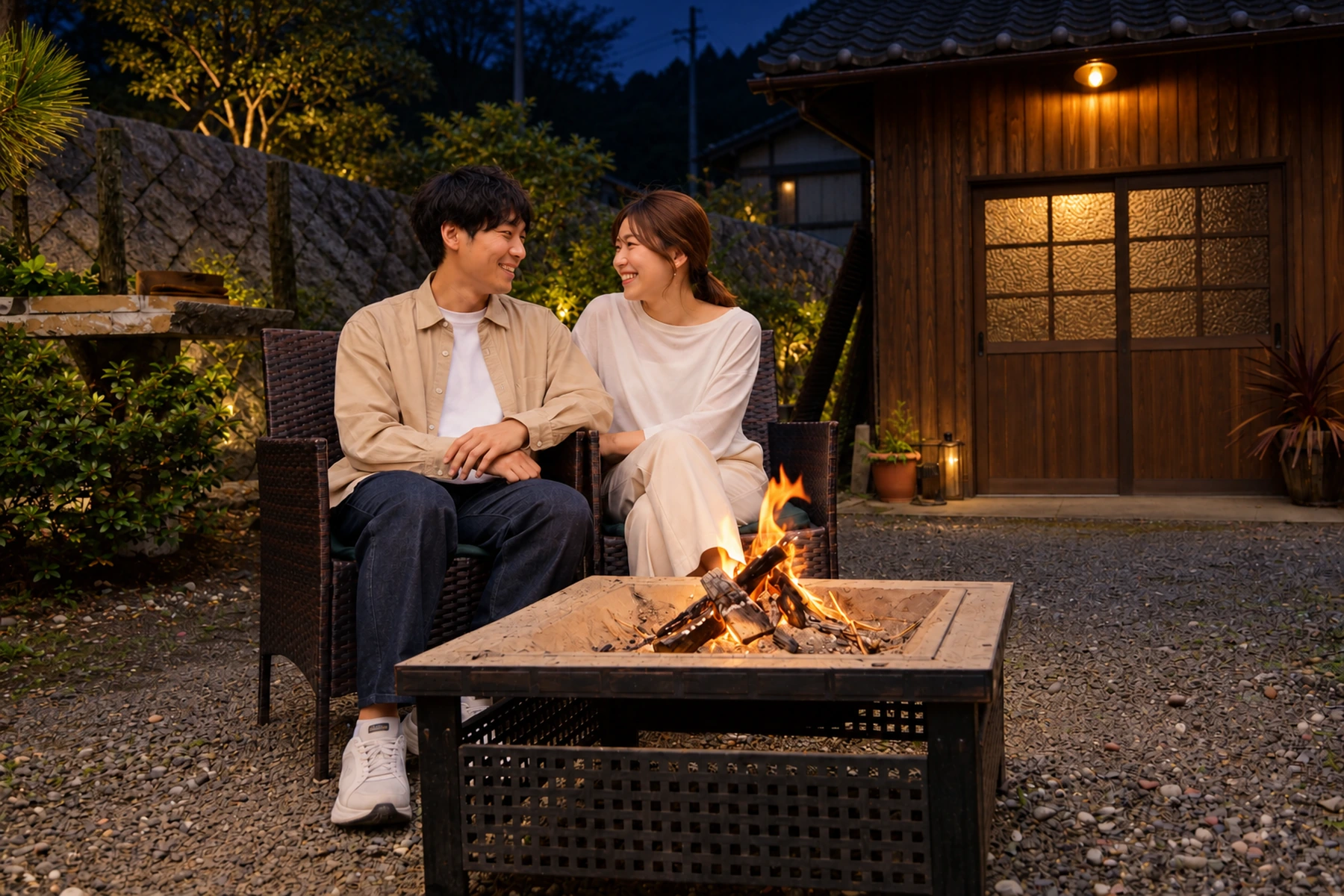夜のDANMOMEの庭で焚き火を囲むカップルの利用イメージ