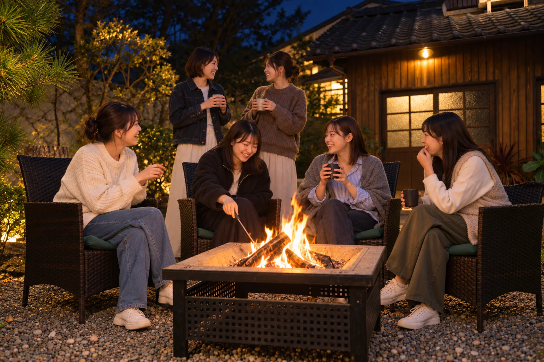 夜のDANMOMEの庭で焚き火を囲む女性の友人6人の利用イメージ